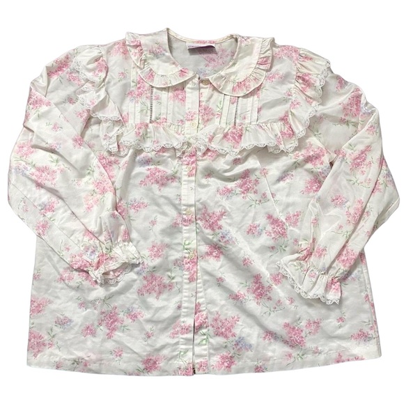 Vintage 1990s Jessica Floral Satin Lace Button Down Pajama Top - Picture 2 of 6